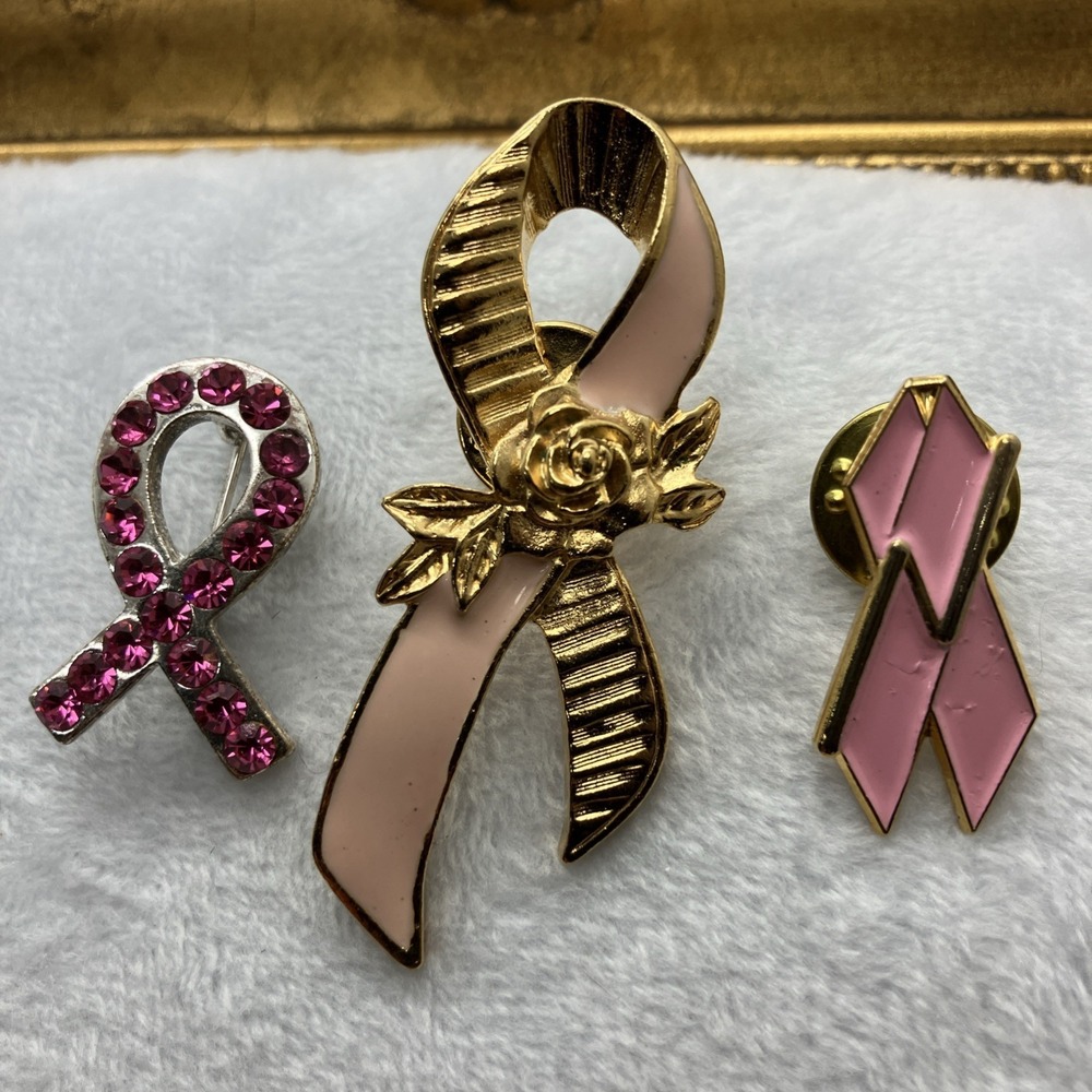 Lot of 3 Breast Cancer Awareness Ribbon Avon Lapel Pin Pink Crystals Silver Gold